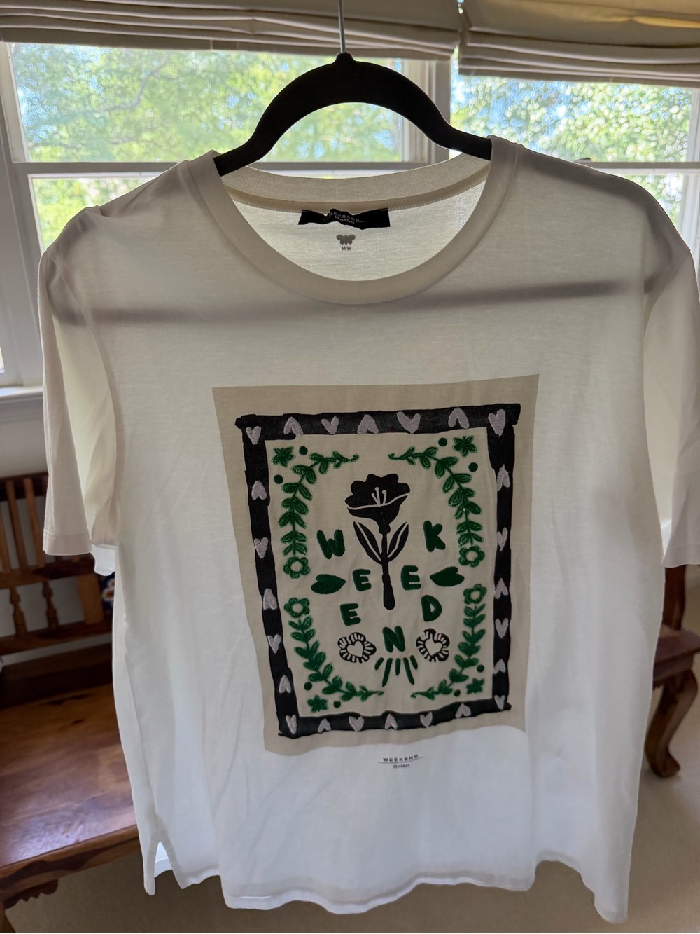 Weekend Max Mara White Graphic Tee with Green and Black Accents